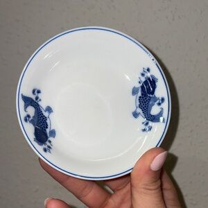 Banseki Japanese Mini Blue and White Koi Fish Porcelain 4” Bowl